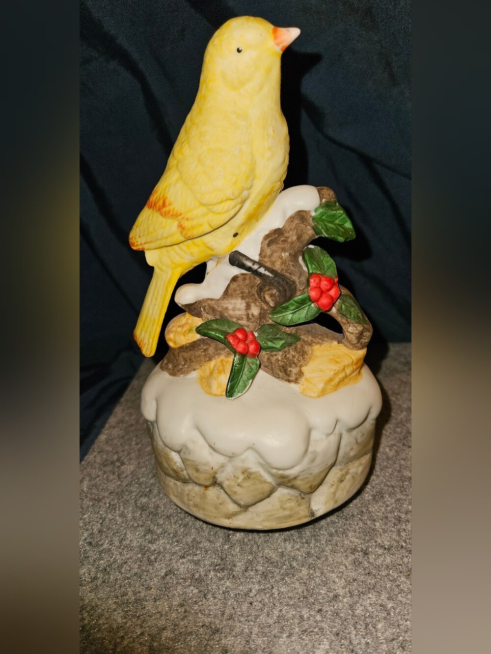 Yellow Ceramic Bird Music Box Figurine.